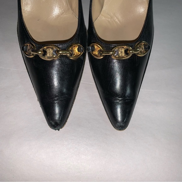 CÉLINE size 36B black calfskin leather PUMPS w/14k gold plated Macadam CHAINLINK - Picture 5 of 12